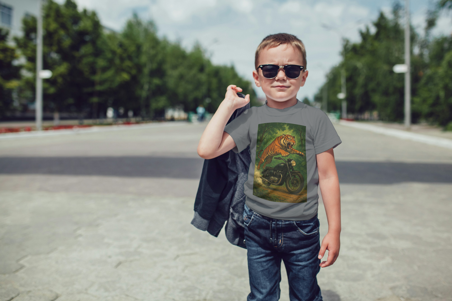 Kids Short Sleeve T-Shirt Tiger Riding Motorcycle