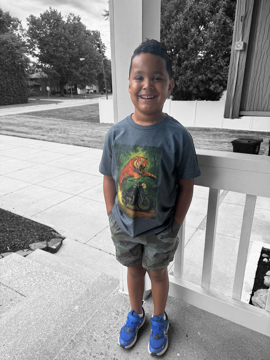 Kids Short Sleeve T-Shirt Tiger Riding Motorcycle