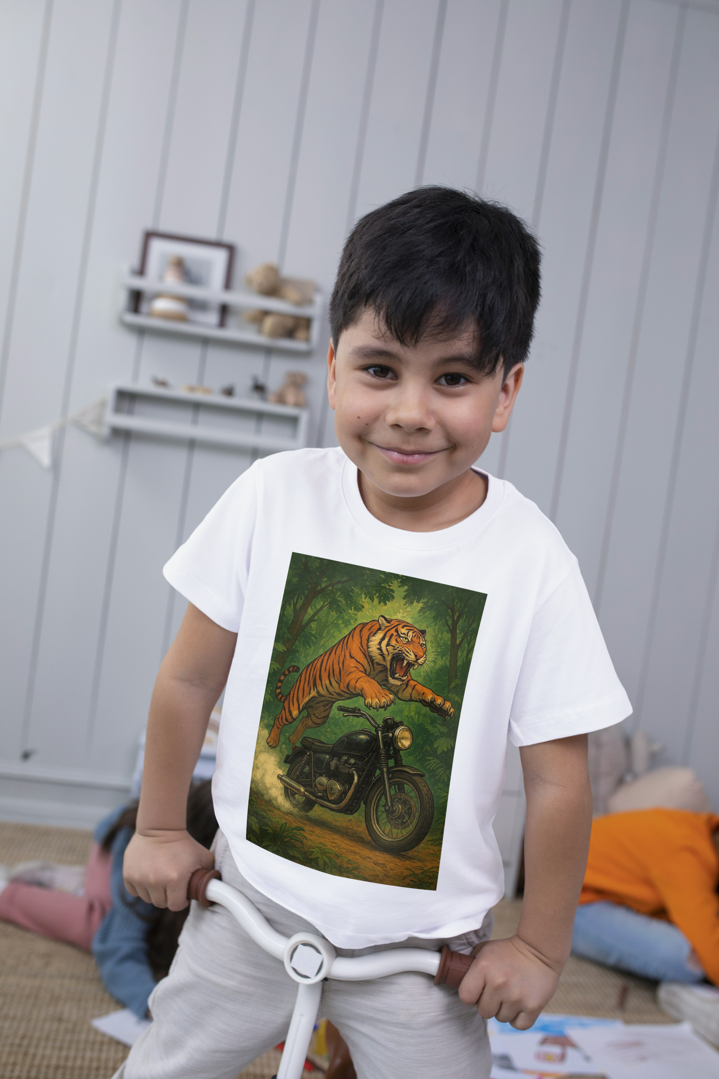 Kids Short Sleeve T-Shirt Tiger Riding Motorcycle